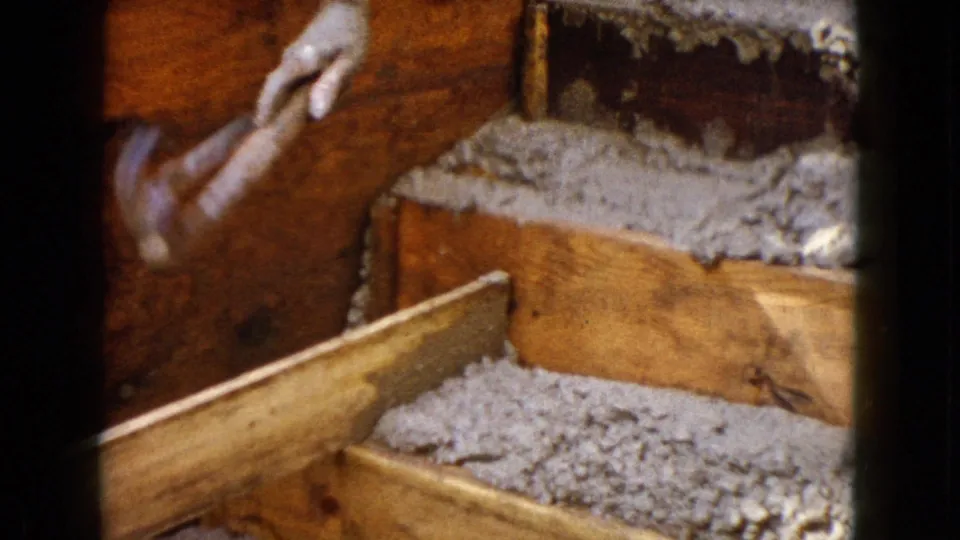 A close 8mm view shows wet concrete packed into wooden stair forms during the 1960 residential step project.