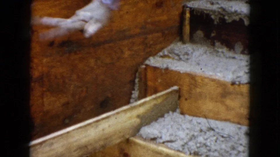A gloved hand reaches across rough wooden framing, with gray construction material visible in this 1960 Wauconda home-movie frame.