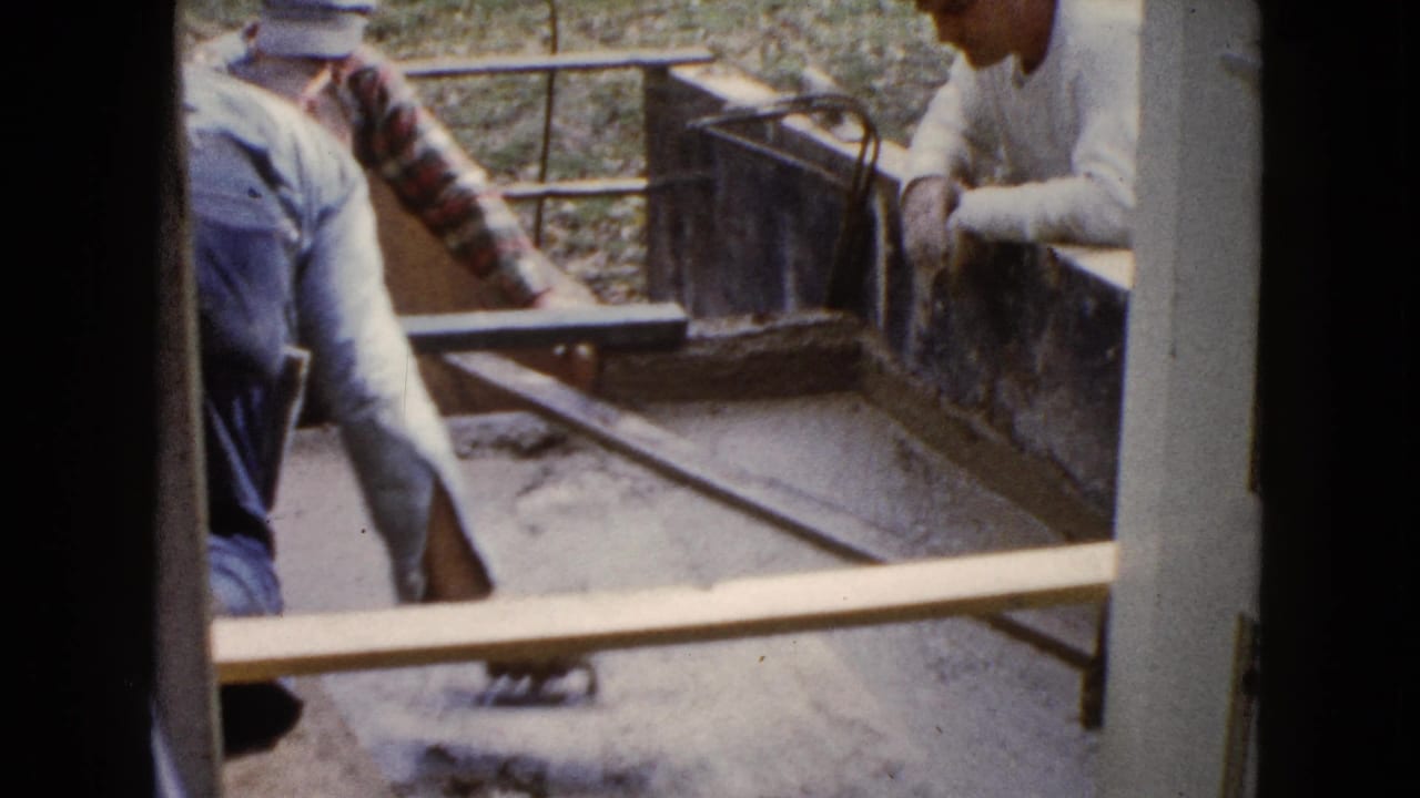 The final frame shows 1960 Wauconda cement finishing, with older men around the form and a doorway framing the view.