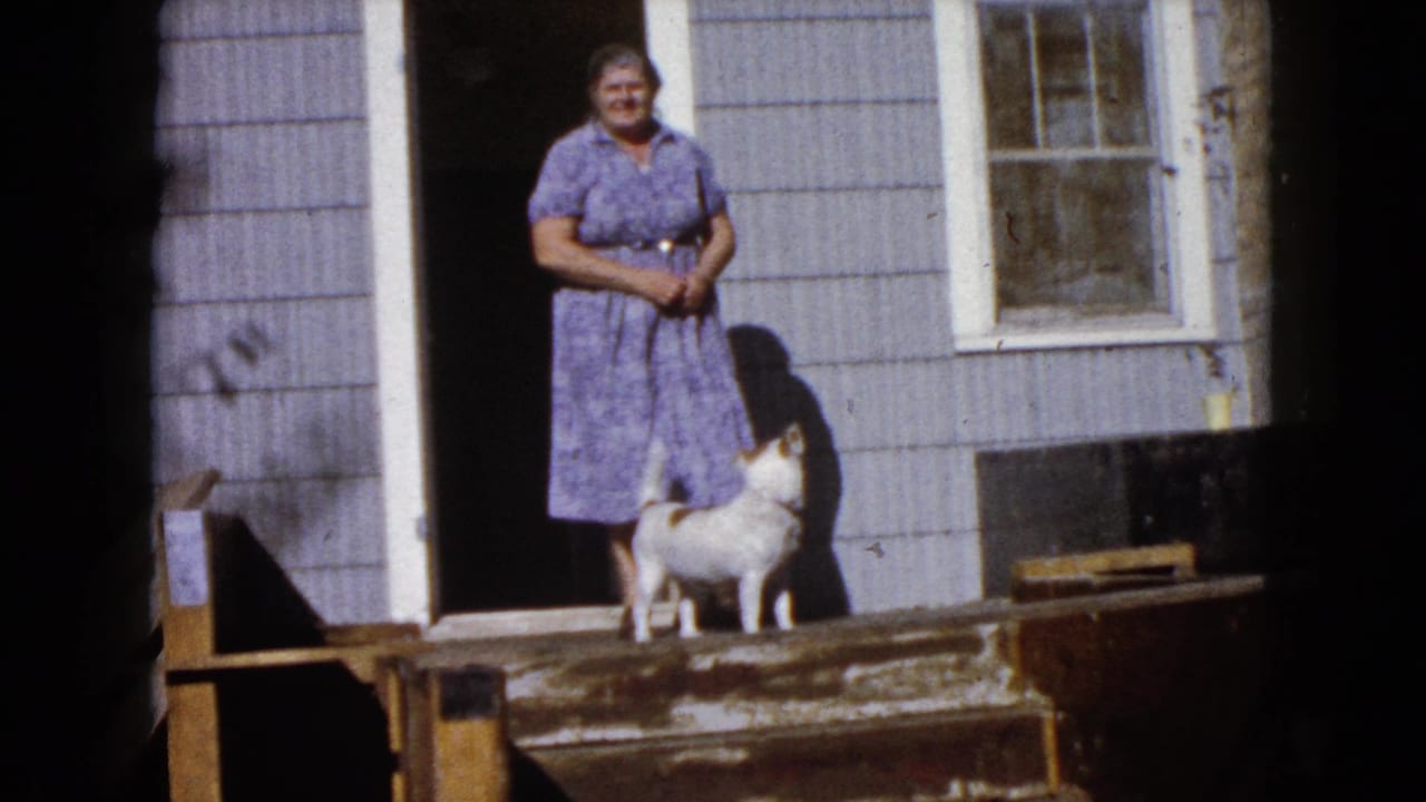 In the 1960 Wauconda home-movie frame, the woman stands facing the camera while the small dog pauses beside her on the stoop.