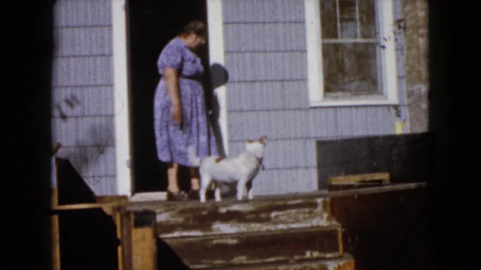 At the end of the Wauconda 1960 clip, the woman looks down toward the small dog beside her on the weathered entry steps.
