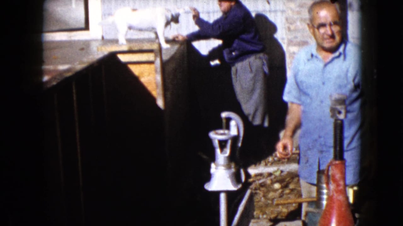 Two men near a backyard hand pump while a white dog stands on a wooden platform.
