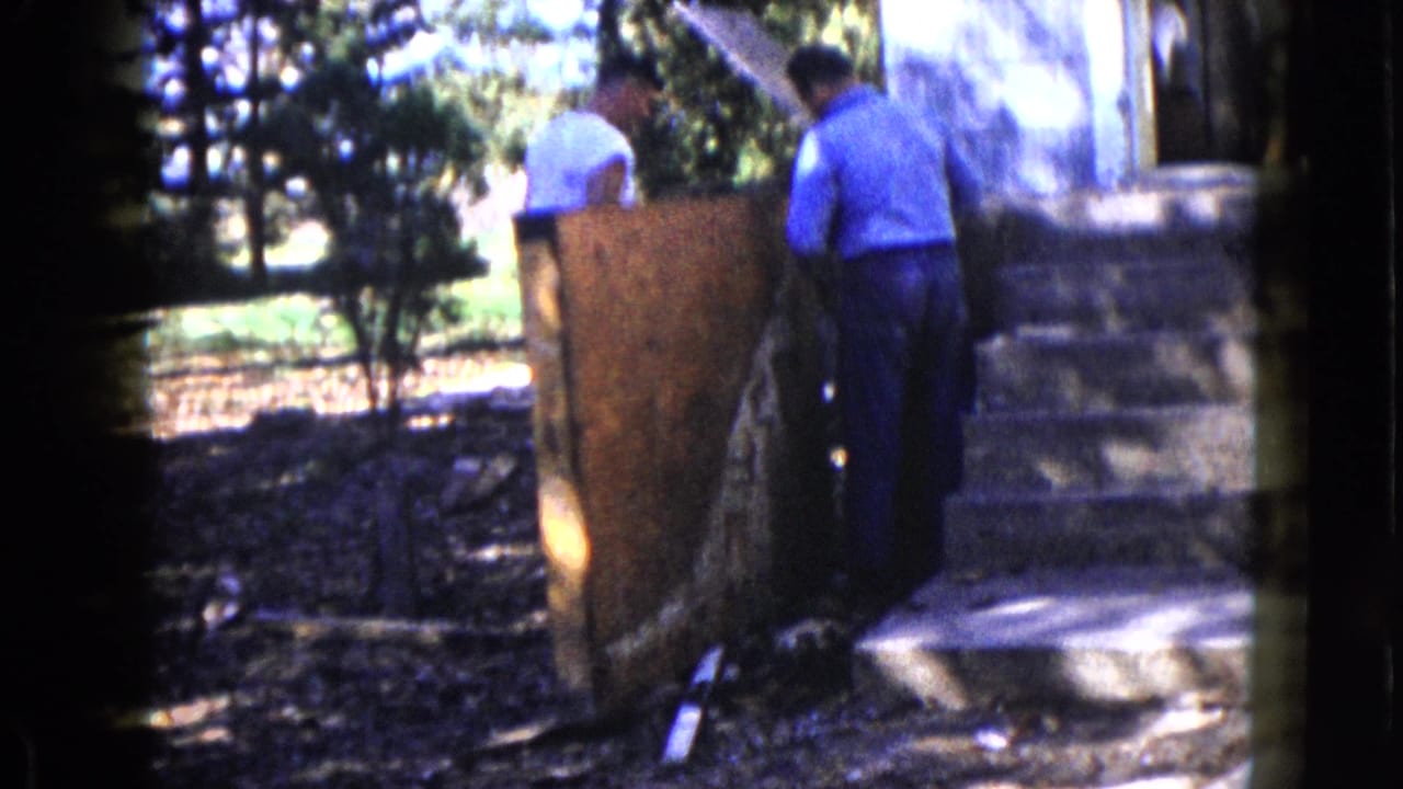 Two men in casual shirts appear to position a large board by the entrance of a house in wooded Wauconda, Illinois.