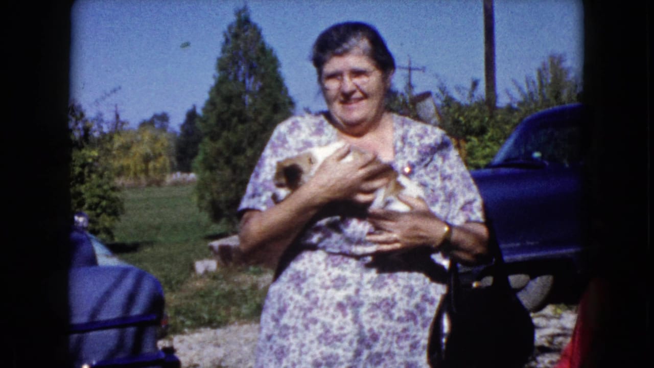 In the 1960 Wauconda home-movie frame, a woman in a floral dress holds a small puppy near a dark blue car, lawn, trees, and shrubs.