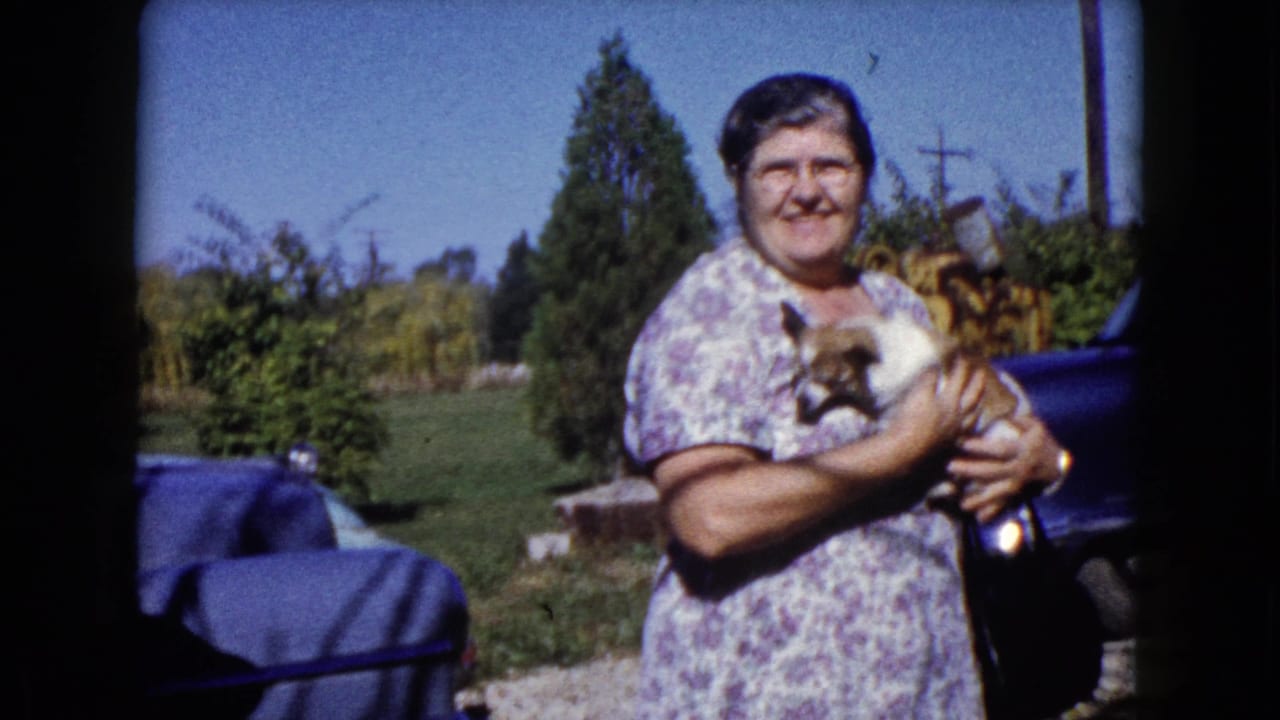 A woman smiles at the camera while holding a small puppy outdoors in Wauconda, Illinois, with a parked dark blue car and yard behind her.
