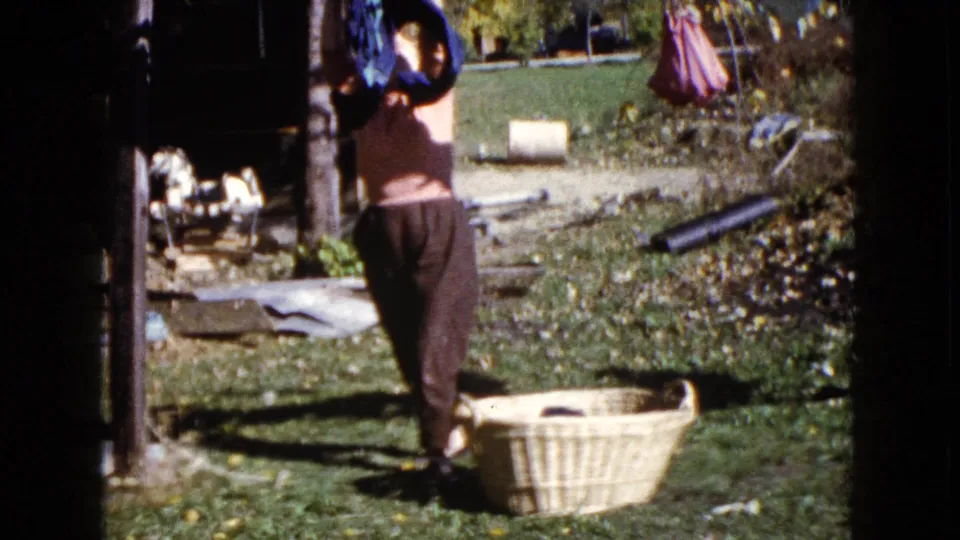 The woman raises laundry toward the line in a sunlit Wauconda backyard, with a wicker basket on the grass nearby.