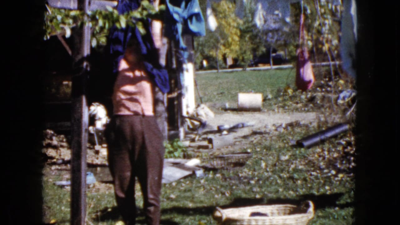 Woman seen from behind hanging laundry in a grassy backyard.