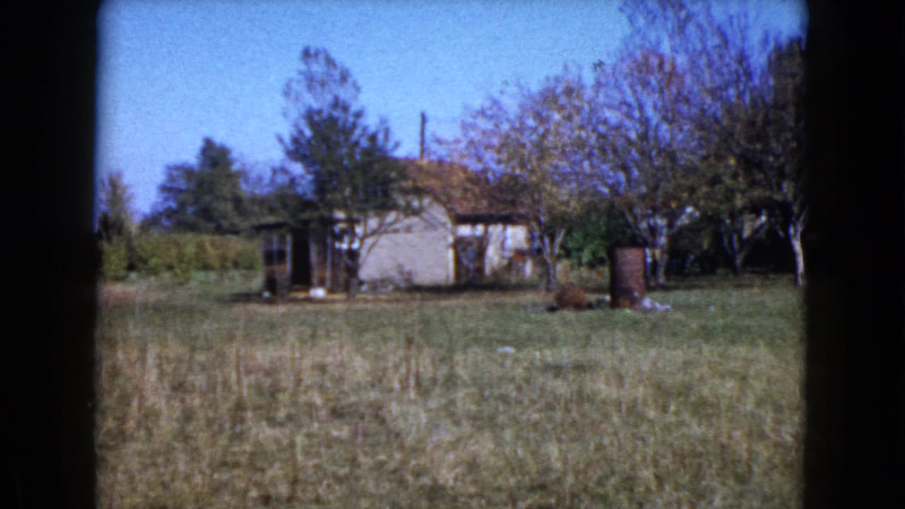 Rural house with porch area, barrel, trees, and tall field grass in front.