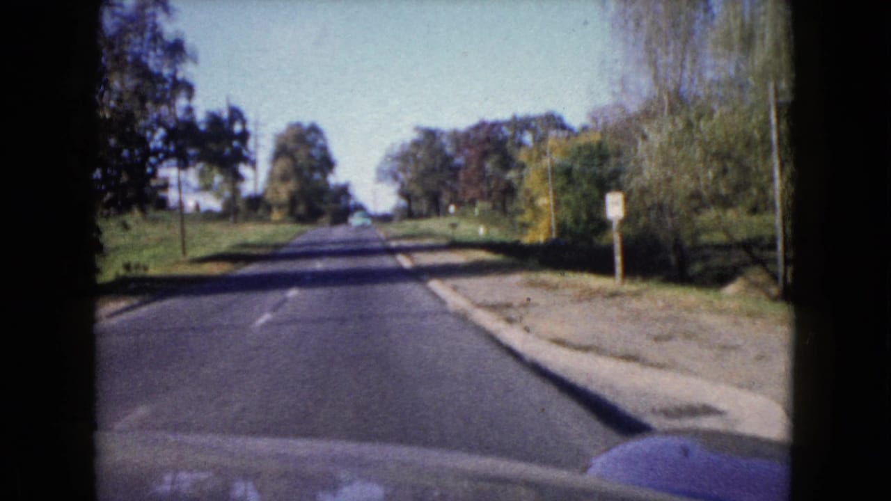 Suburban road seen from a moving car with trees, curb, and a roadside sign.