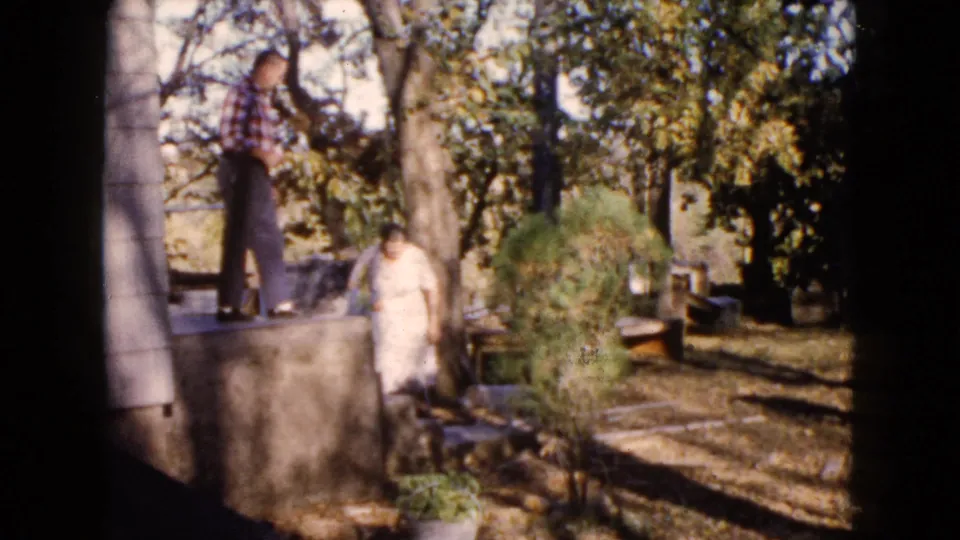 1960 Wauconda, Illinois 8mm backyard frame with an adult in a plaid shirt on a ledge and another adult moving near shrubs and trees.
