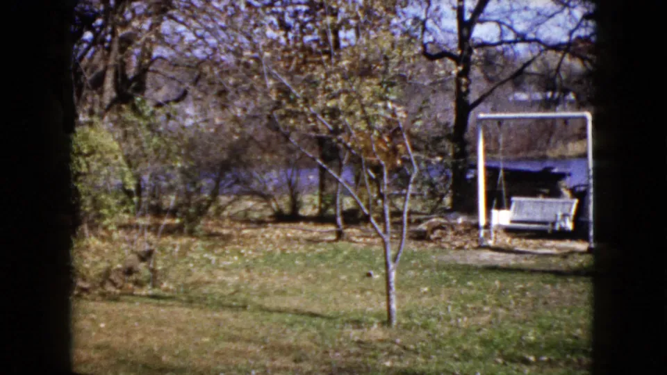 1960 Wauconda, Illinois backyard frame with a white swing set, chair, small tree, lawn, and water visible through the trees.