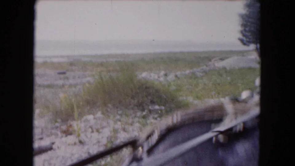 1961 Buffalo-area 8mm frame with the horse partly visible as the view opens toward a grassy or shoreline landscape.