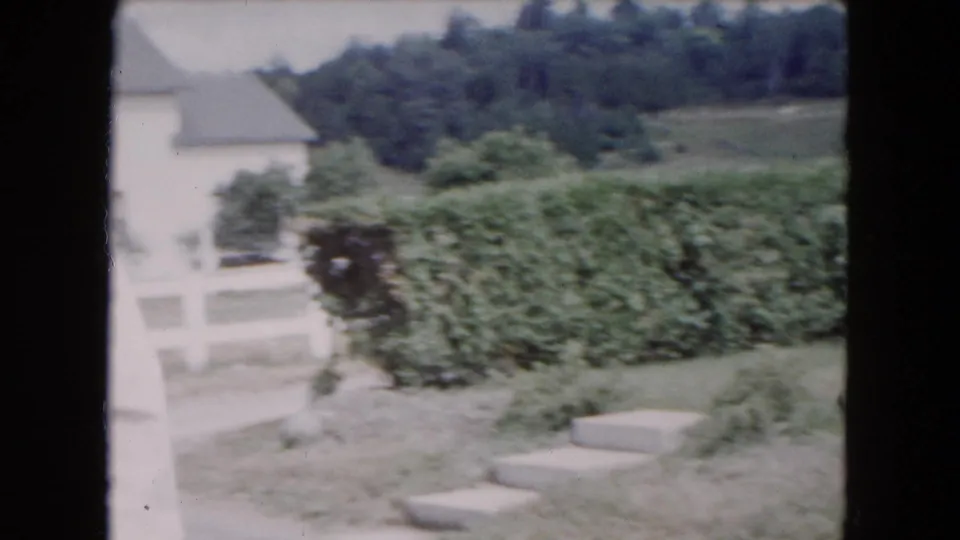 Soft 8mm frame of a Buffalo residential yard with white fencing, shrubs, steps, and a house at the end of the riding shot.