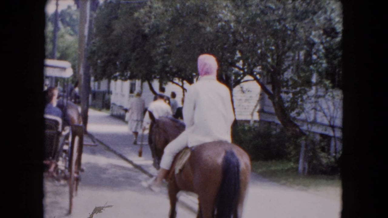 1961 Buffalo frame with a rider on a brown horse on a residential street, near a horse-drawn carriage, trees, and houses.