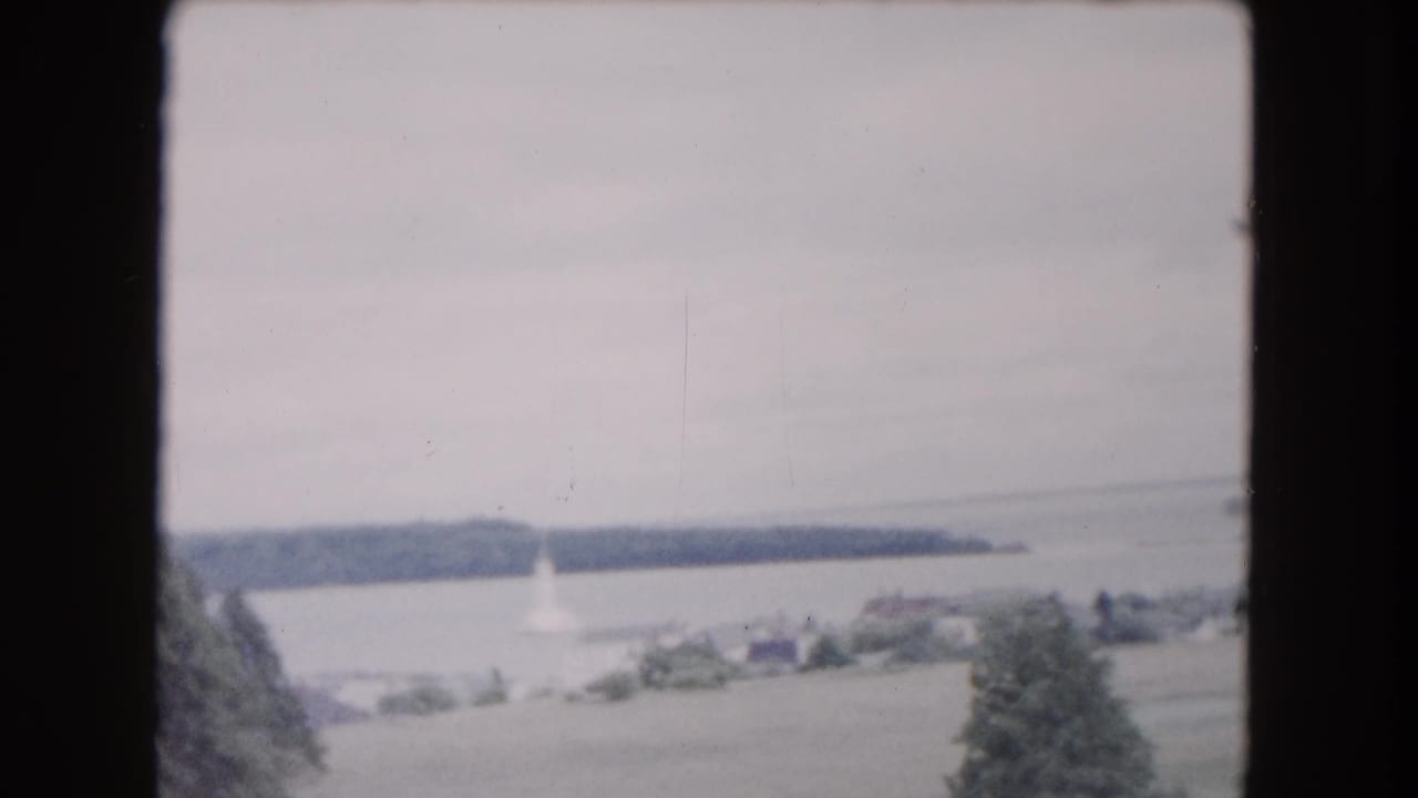 1961 Buffalo-area shoreline view showing open water, wooded land, scattered buildings, and a small pale structure near the water.