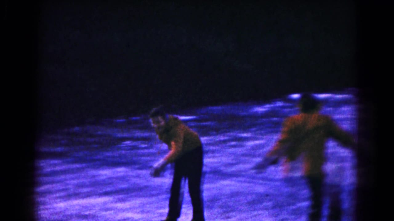 Two skaters pass on a frozen pond, with one figure blurred near the right edge.