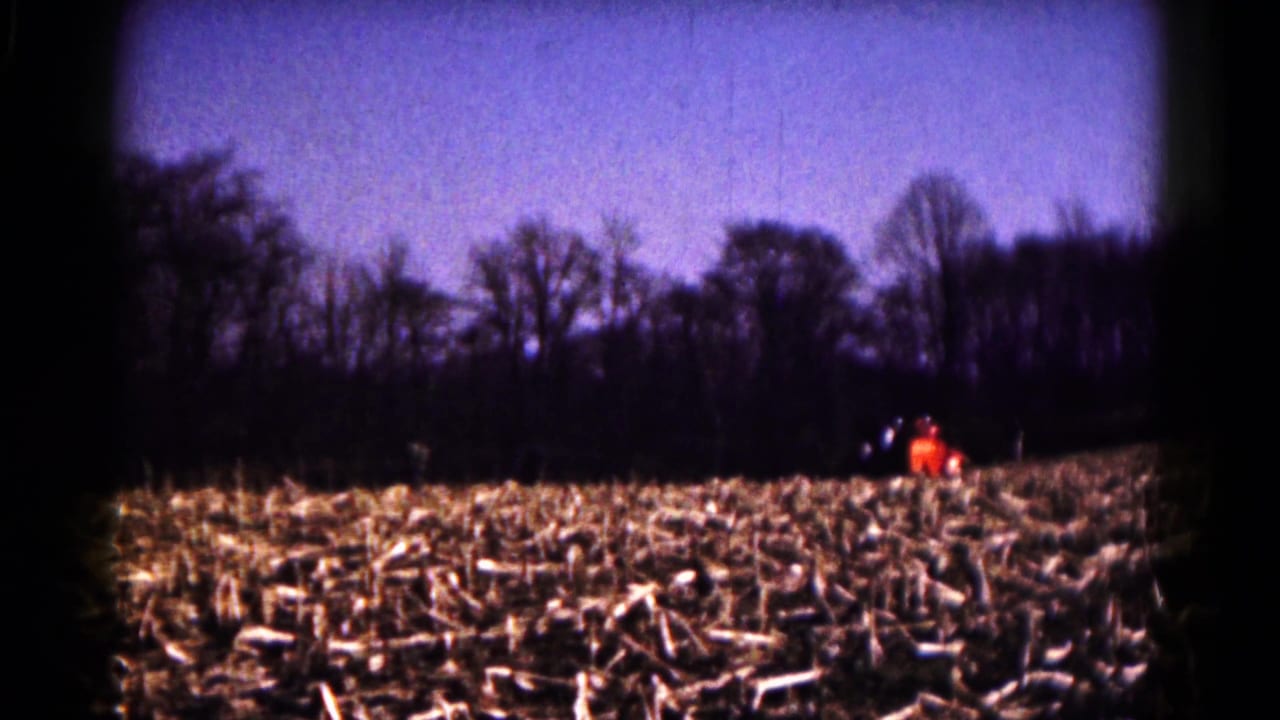 Distant farm activity in a harvested Hagerstown, Maryland field, with an orange tractor set against trees and sky.