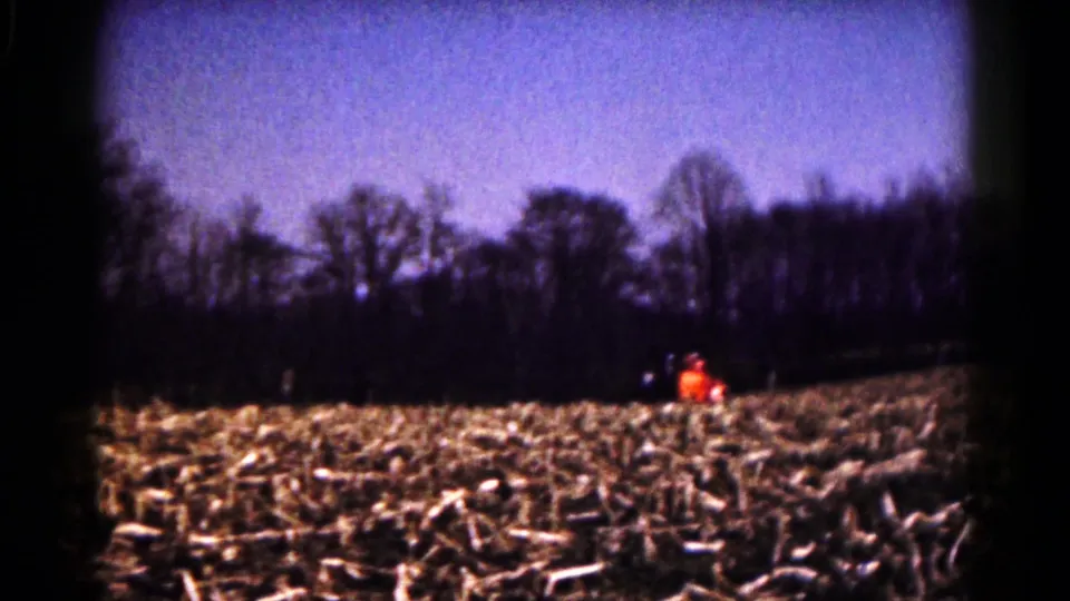Soft 8mm view of a harvested field near Hagerstown, with a small orange tractor and dark winterlike trees in the distance.