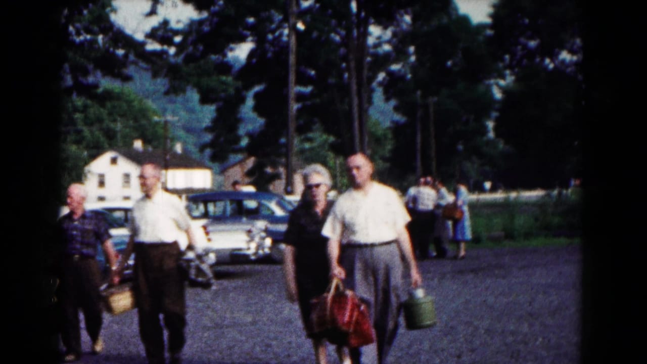 Adults carrying bags and baskets walk past parked cars near trees.