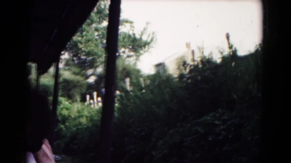 From inside the covered boat, a partial passenger silhouette appears beside dark supports as greenery and a pale building pass outside.