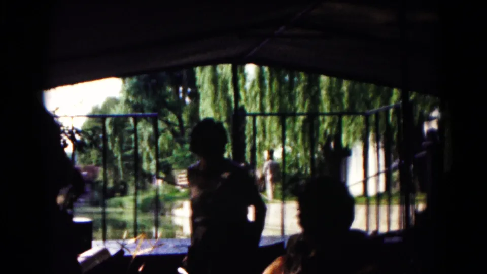 1961 Hagerstown home-movie frame showing silhouetted people in shade facing a bright park with railing, lawn, pond area, and willow trees.