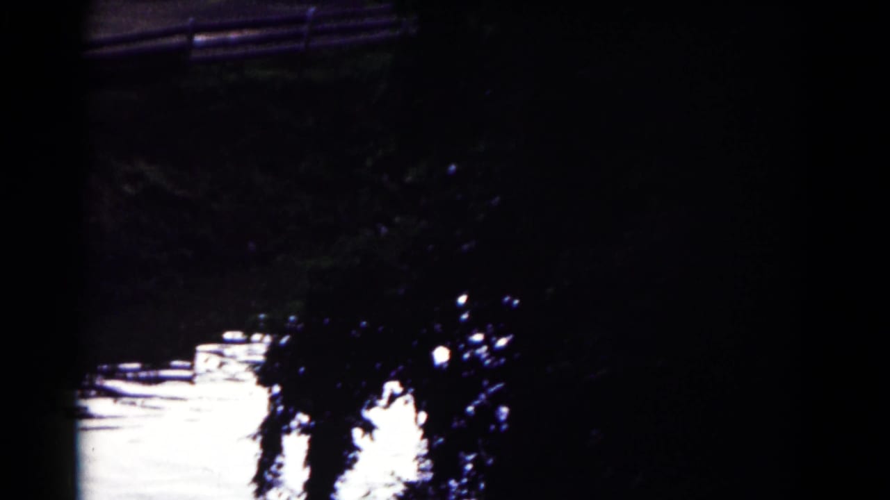 1961 Hagerstown, Maryland 8mm frame showing a dark waterside view with bright ripples and shadowed shrubs or tree branches.