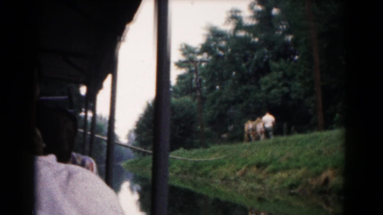1961 Hagerstown, Maryland home-movie view from inside a train, with passengers in shadow and two horses on a grassy hillside.
