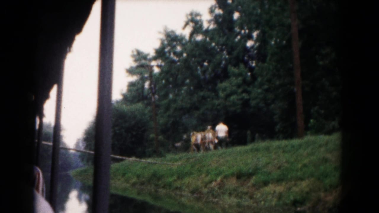 1961 home-movie frame from inside a train near Hagerstown, with a grassy slope, trees, and a man walking two horses.