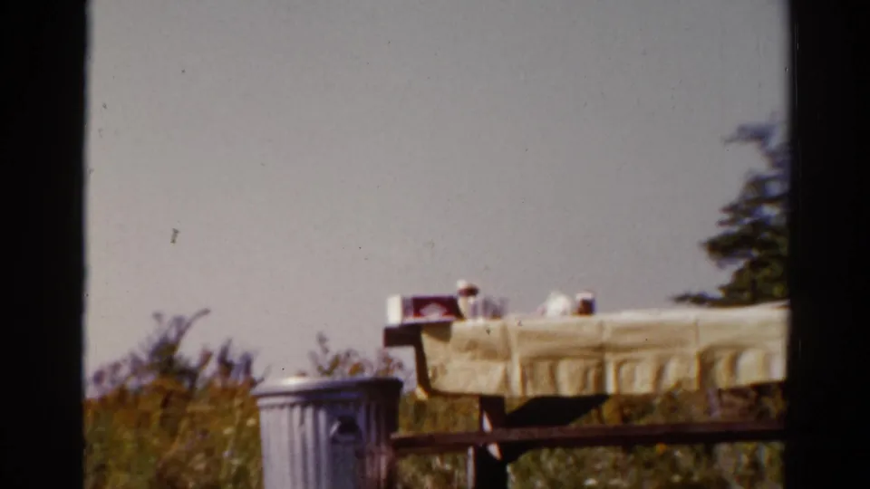 The picnic table remains in view with small items and a metal trash can beside tall grass in Catskill, New York, 1962.