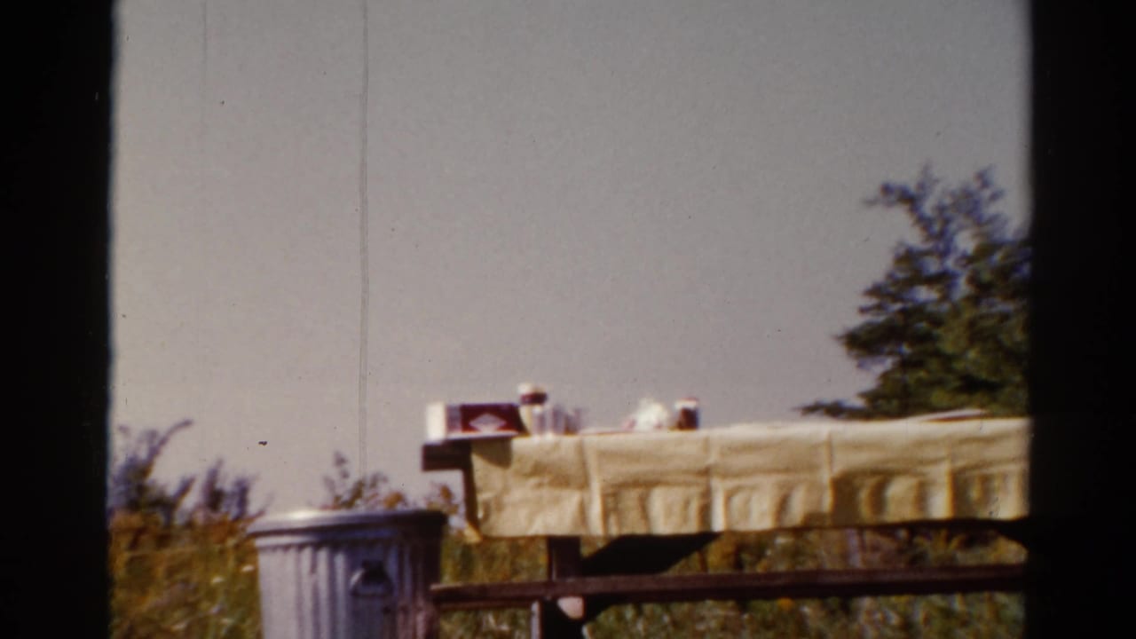 Picnic table with yellow cloth, small items, trash can, railing, trees, and bright sky.