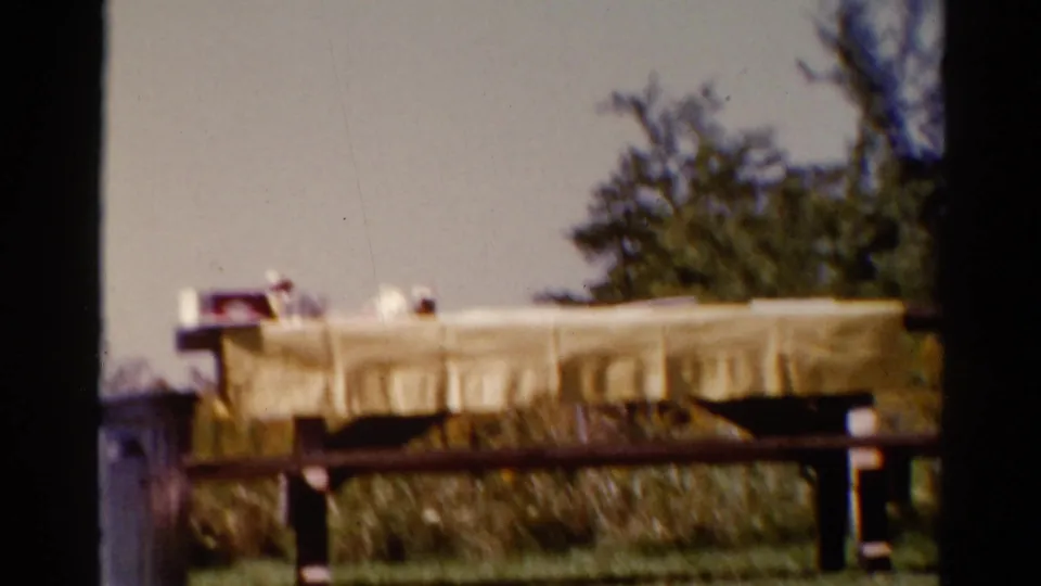 Soft 8mm frame from the Catskill picnic scene, showing the covered table, railing, grass, and trees.