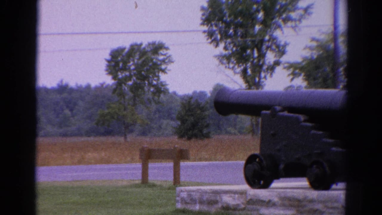 Cannon on a stone platform with grass, road, trees, and a wooden signpost in the background.