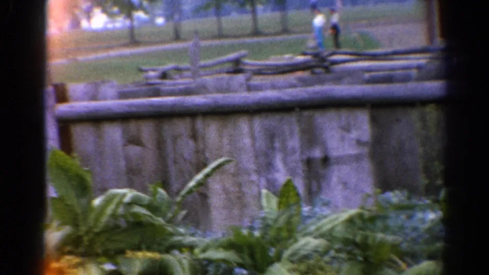 Soft 1962 Catskill backyard view showing plants, fencing, lawn, and two distant figures in an 8mm home-movie frame.