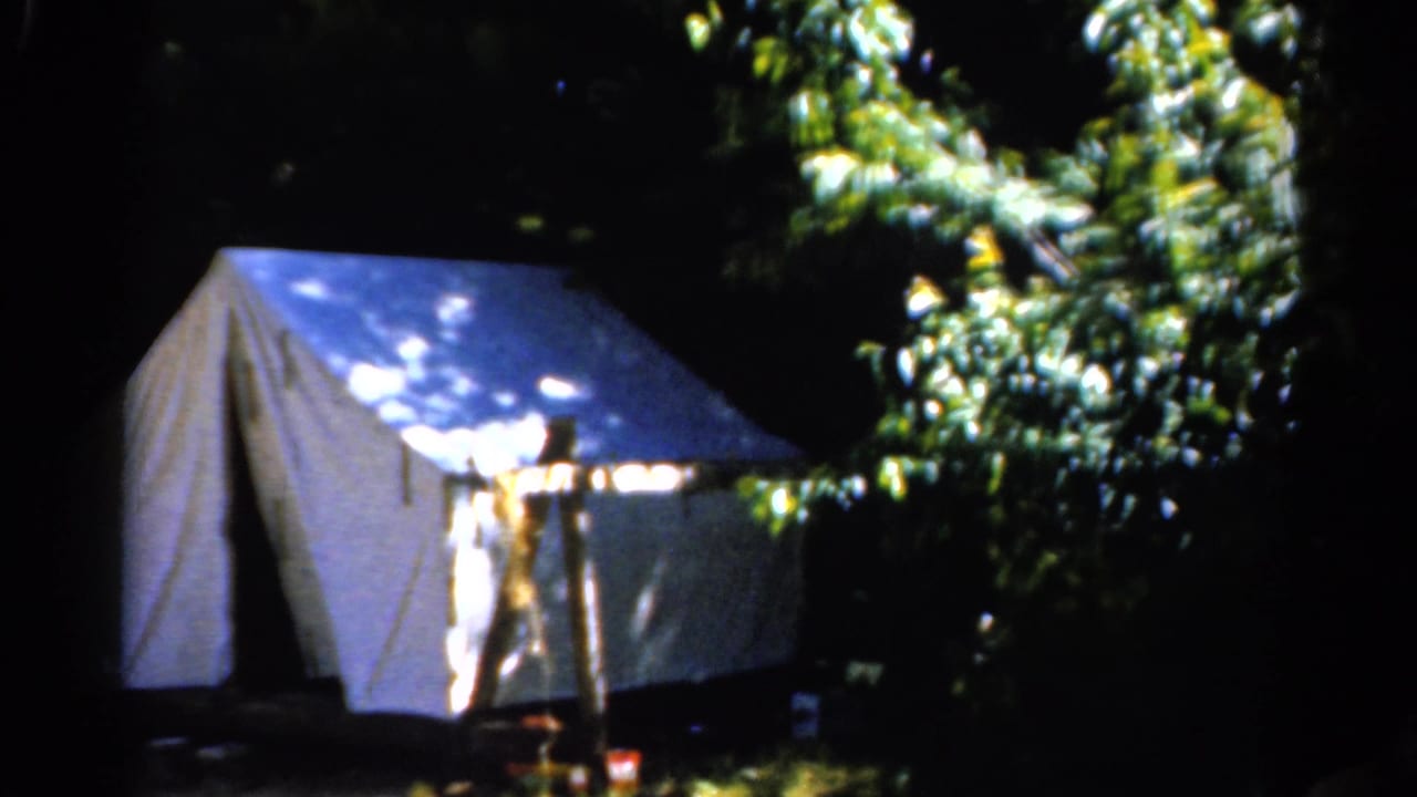 A white tent in the Catskill woods, with a partially visible person standing near the entrance in dappled light.