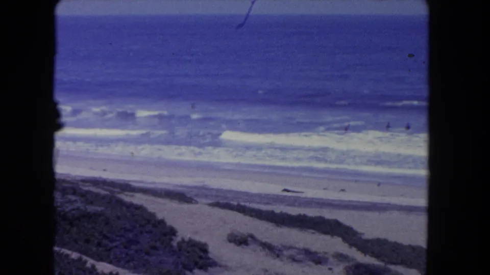1962 Los Angeles 8mm coastal view with foamy surf, beach sand, foreground vegetation, and tiny figures near the waves.