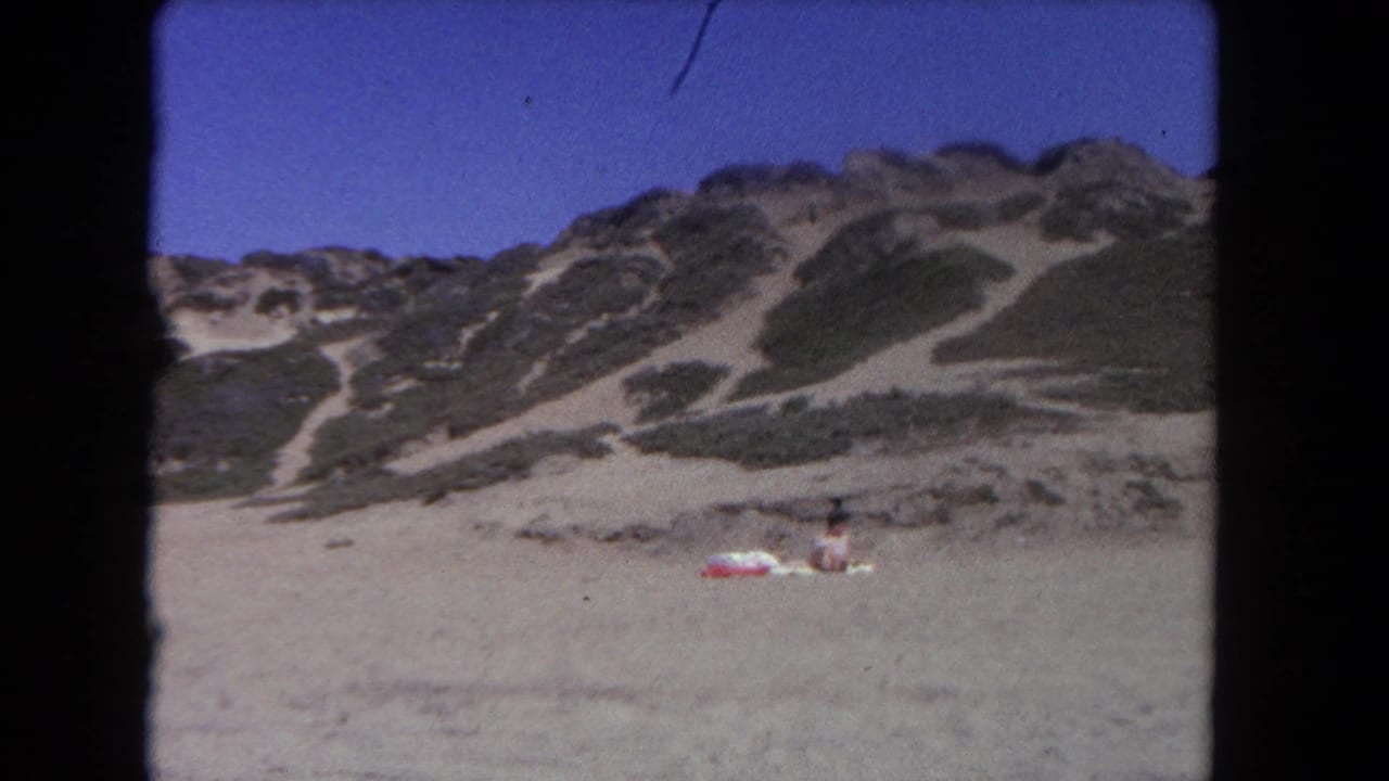 Wide beach view with dunes, open sand, and a small seated figure under blue sky.