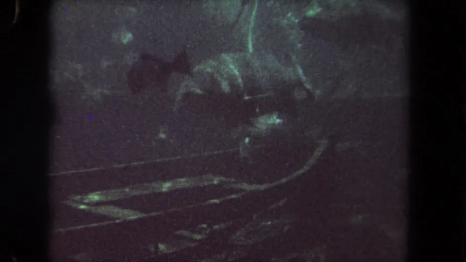 1962 8mm frame from Los Angeles metadata showing fish in dim green-blue water with heavy grain and soft exposure.