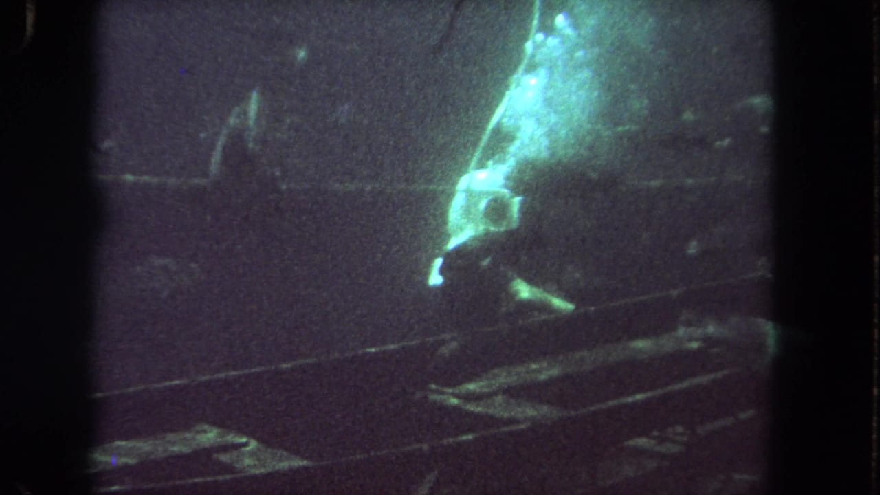 1962 Los Angeles 8mm frame with a helmeted diver partly turned in green-blue aquarium water, surrounded by fish silhouettes.