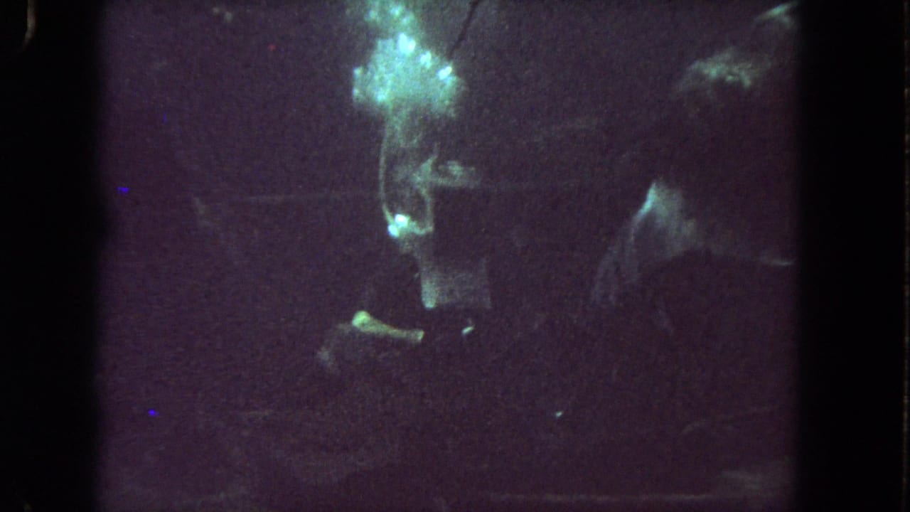 Dim underwater view of a scuba diver near the left side of the frame.