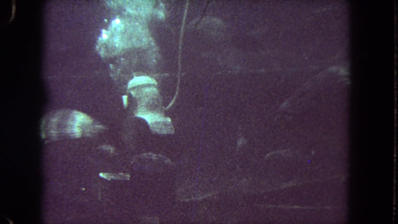 Diver in helmet seen from behind with fish shapes in dark underwater water.