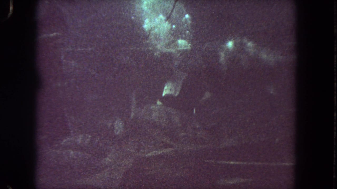 Dark underwater scene with scattered greenish highlights and indistinct forms in low visibility.