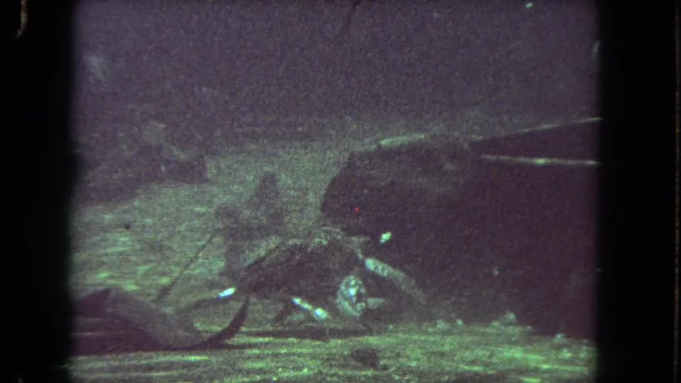 1962 Los Angeles 8mm frame showing a grainy green underwater view with fish and a large dark marine animal resting near the bottom.