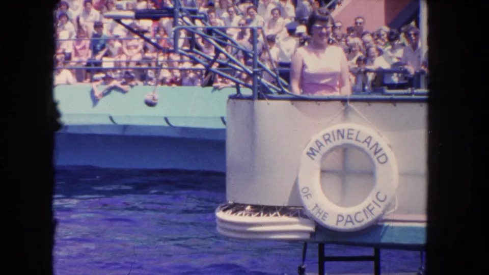 1962 Marineland of the Pacific frame showing a woman near the branded life ring, spectators, metal rigging, and the dolphin pool.