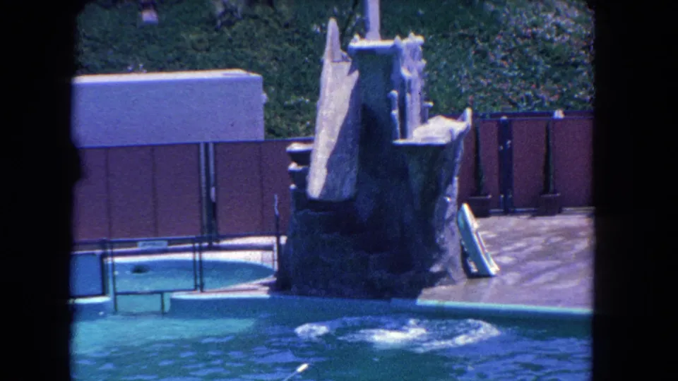 1962 Los Angeles home-movie frame with splash water below the rocky platform after the seal enters the pool.