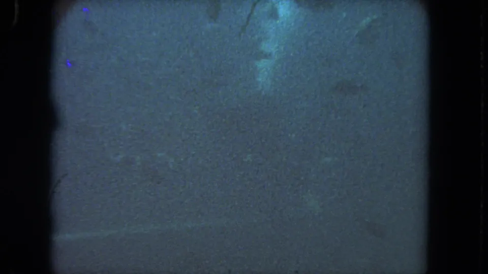 1962 8mm Los Angeles underwater footage showing dim blue-green water, heavy grain, black gate edges, and indistinct pale movement.
