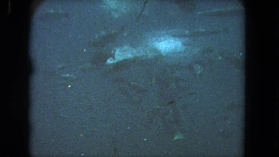 1962 Los Angeles underwater home-movie frame showing a pale diver or marine form amid murky blue water, grain, and soft contrast.