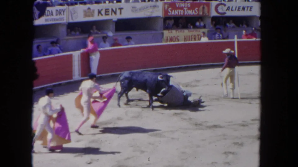 1962 Los Angeles 8mm frame showing matadors with pink and yellow capes confronting a black bull beside a fallen horse in the arena.