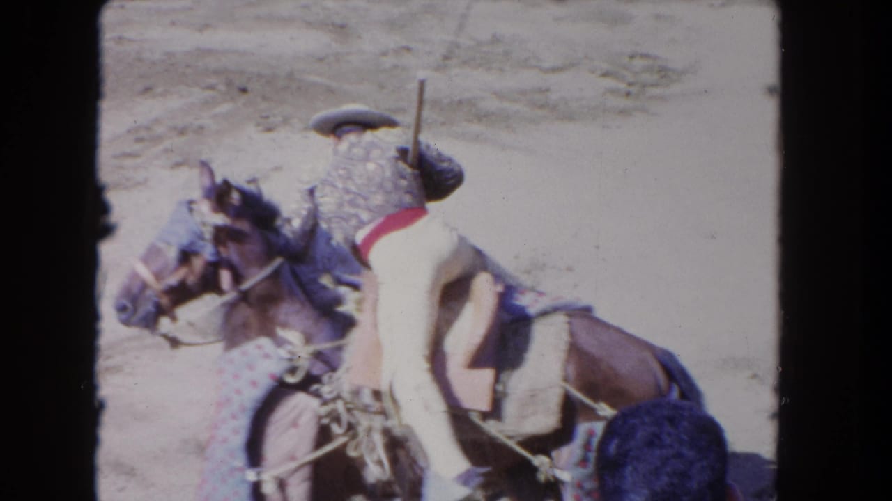 Mounted cowboy turns near another horse while holding a lance in a dusty arena.