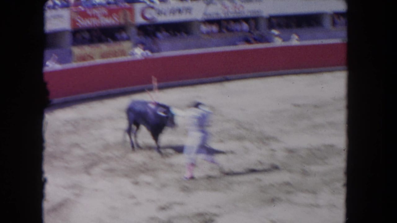 Matador in light suit standing close to a dark bull in open arena; Santo Tomas and Caliente banners on the far wall, spectators in the upper stands.