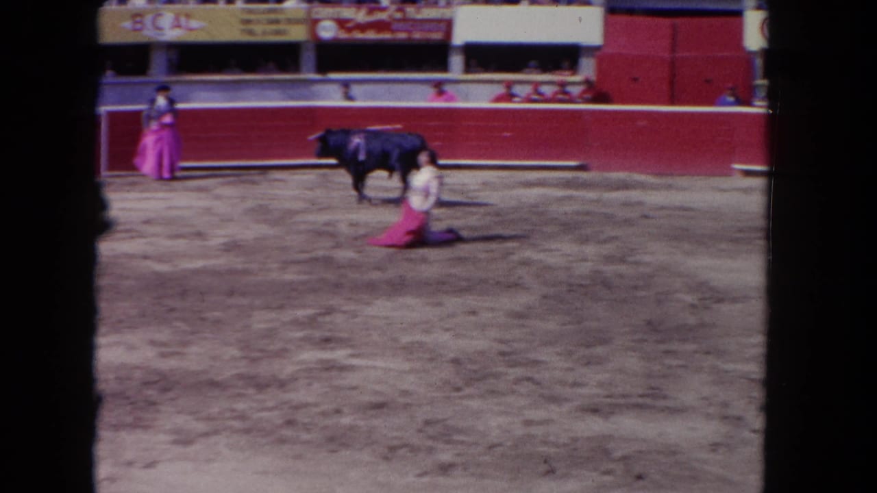 8mm home-movie frame circa 1962 showing a matador in white kneeling in a bullfighting arena with a black bull nearby and spectators in tiered seating behind the barrier.